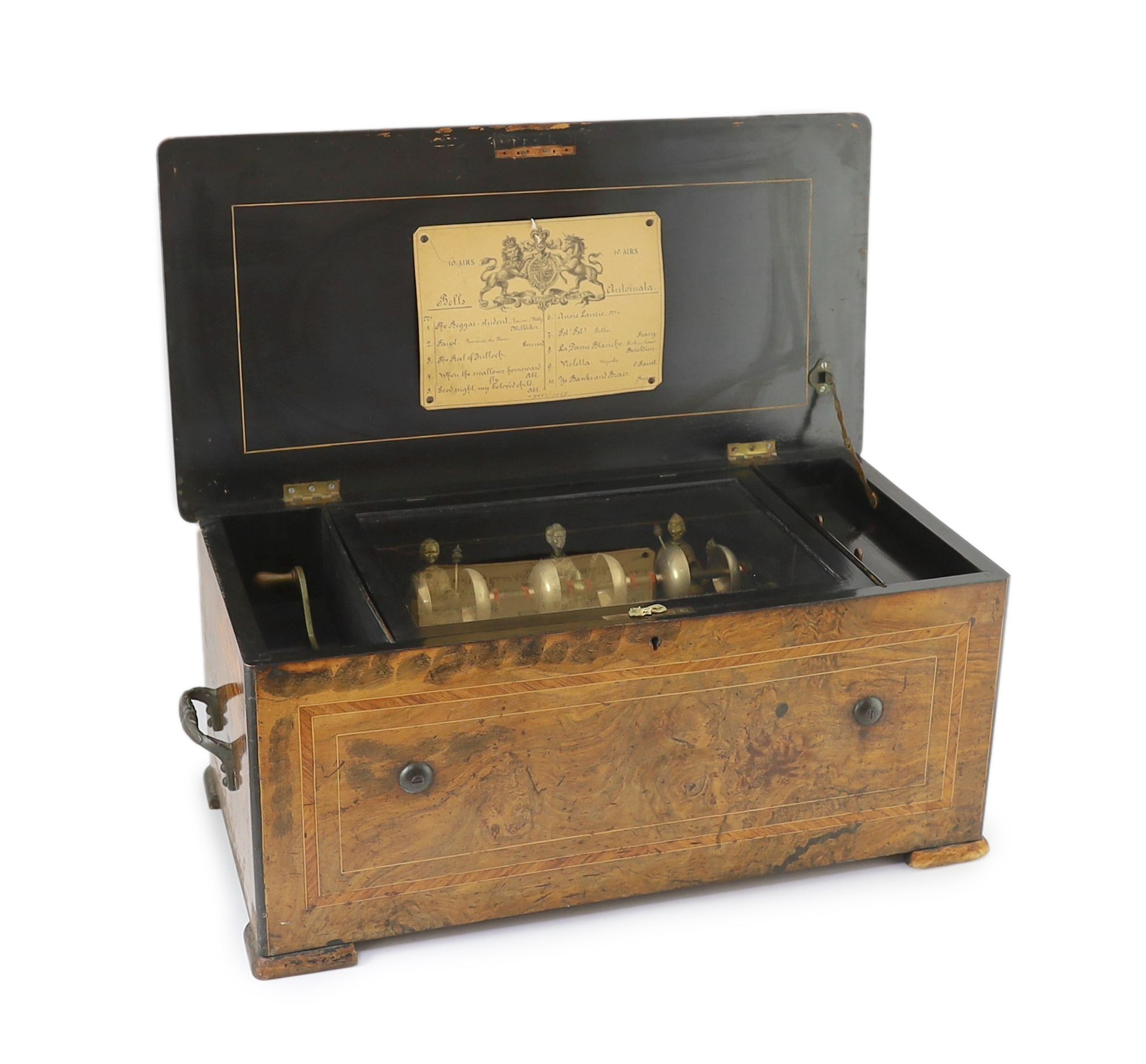 A 19th century Swiss ten air inlaid walnut musical box, width 60cm, depth 31cm, height 26cm